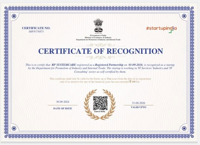Rp Systemcare is Certified by startup India